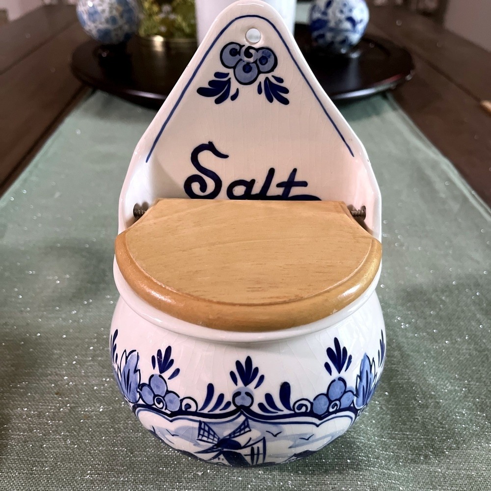 Rare 1970's Vintage Hand Painted Delft Wall Hanging Salt Box Windmill